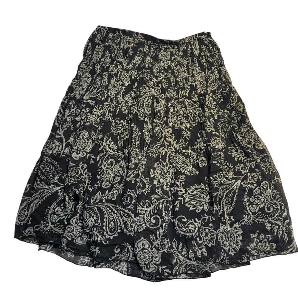 Rafaella Skirt Size 12 Black Gray Floral Paisley Flouncy A-Line Semi-Sheer Lined